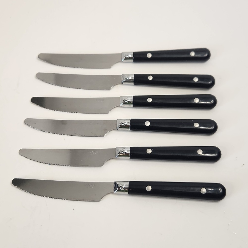 6 Vtg Black Plastic Handle 2-Rivet Stainless Steel Serrated Steak Dinner Knives